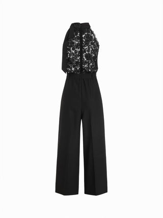 Cotton-blend Stand Collar Lace Panel Mid Rise Straight Leg Jumpsuit With Scarf