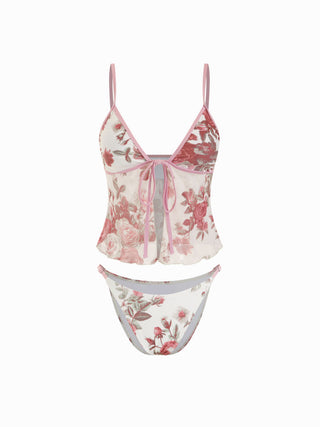 V-neck Floral Tie Front Cami Bikini Set