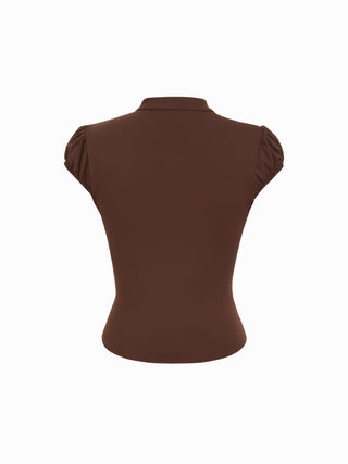 High Stretch Stand Collar Puff Sleeve Ruched Cut Out Top