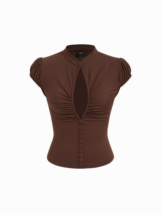 High Stretch Stand Collar Puff Sleeve Ruched Cut Out Top