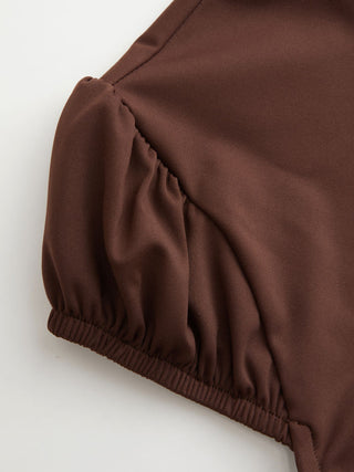 High Stretch Stand Collar Puff Sleeve Ruched Cut Out Top
