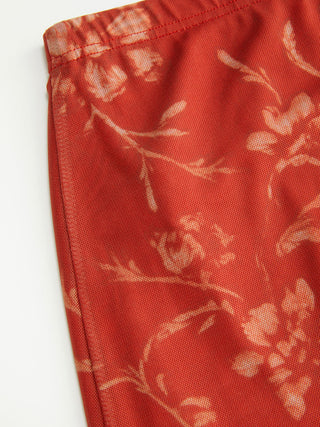 Mesh Mid Rise Abstract Graphic Floral Asymmetrical Hem Maxi Skirt