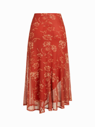 Mesh Mid Rise Abstract Graphic Floral Asymmetrical Hem Maxi Skirt