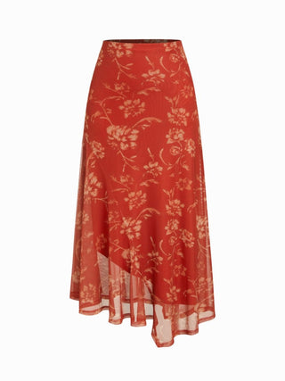 Mesh Mid Rise Abstract Graphic Floral Asymmetrical Hem Maxi Skirt