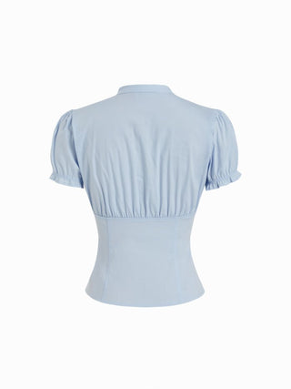 Cotton-blend V-neck Lettuce Trim Short Sleeve Blouse