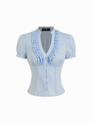 Cotton-blend V-neck Lettuce Trim Short Sleeve Blouse