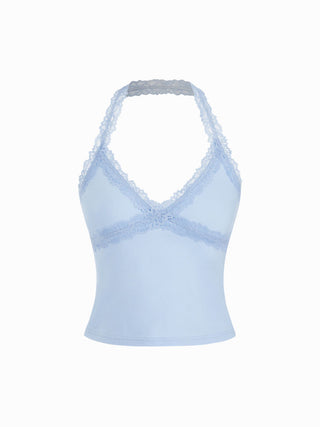 Cotton-blend Halter Neck Lace Trim Slim Cami Top