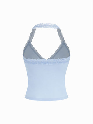Cotton-blend Halter Neck Lace Trim Slim Cami Top