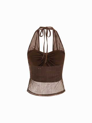 Textured Mesh Cowl Neck Metal Detail Ruched Top