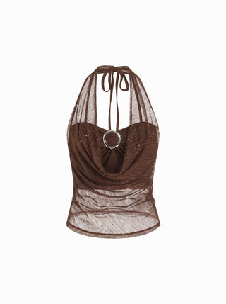 Textured Mesh Cowl Neck Metal Detail Ruched Top