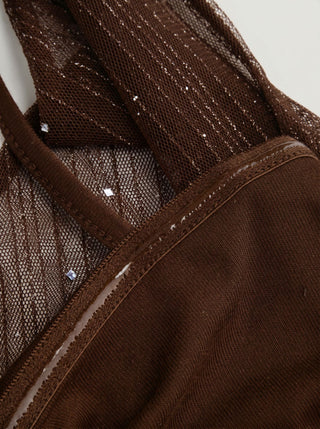 Textured Mesh Cowl Neck Metal Detail Ruched Top