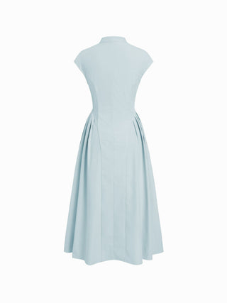 Stand Collar Tie-Neck Short Sleeve Draped Pocket Flared Maxi Dress