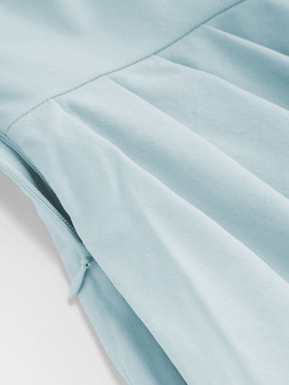 Stand Collar Tie-Neck Short Sleeve Draped Pocket Flared Maxi Dress