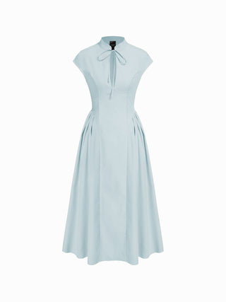 Stand Collar Tie-Neck Short Sleeve Draped Pocket Flared Maxi Dress