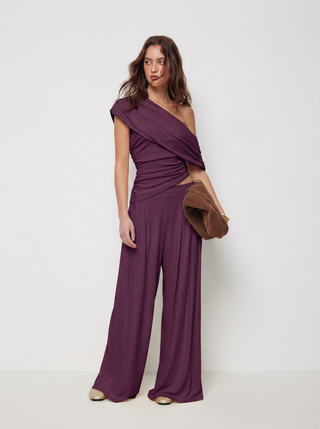 Asymmetrical Neck Ruched Top & Mid Rise Wide Leg Trousers Set