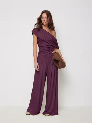 Asymmetrical Neck Ruched Top & Mid Rise Wide Leg Trousers Set