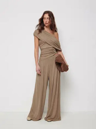 Asymmetrical Neck Ruched Top & Mid Rise Wide Leg Trousers Set