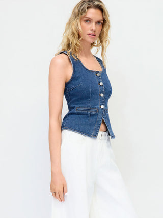 Denim Square Neck Metal Detail Tank Top