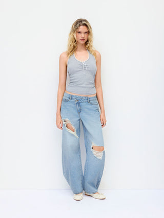Denim Low Rise Barrel-Leg Ripped Jeans