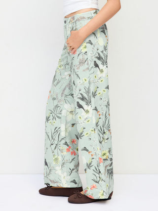 Denim Low Rise Striped Floral Graphic Asymmetrical Metal Detail Wide Leg Jeans