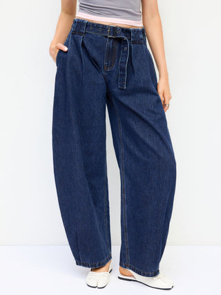 Denim Mid Rise Washed Barrel-leg Belted Jeans