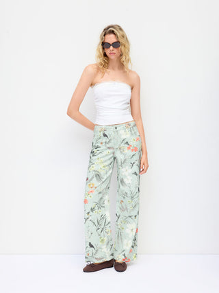 Denim Low Rise Striped Floral Graphic Asymmetrical Metal Detail Wide Leg Jeans