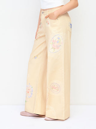 Denim Low Rise Floral Applique Metal Detail Wide Leg Jeans