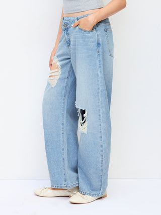 Denim Low Rise Barrel-Leg Ripped Jeans