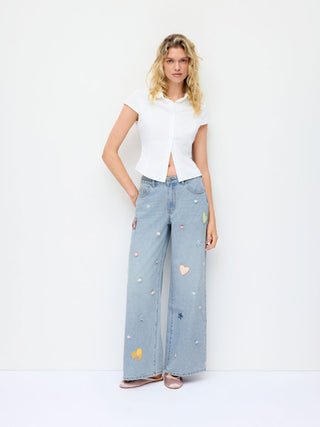 Denim Low Rise Heart & Star Graphic Applique Wide Leg Jeans