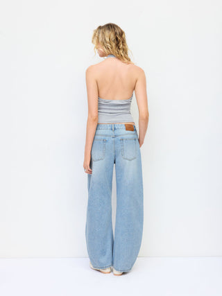 Denim Low Rise Barrel-Leg Ripped Jeans