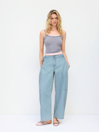 Denim Mid Rise Barrel-Leg Side Strap Jeans