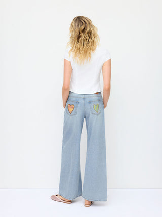 Denim Low Rise Heart & Star Graphic Applique Wide Leg Jeans