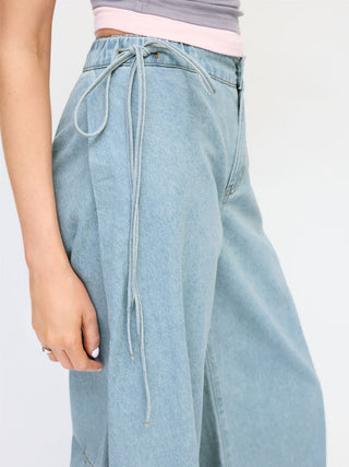 Denim Mid Rise Barrel-Leg Side Strap Jeans