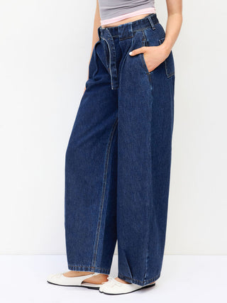 Denim Mid Rise Washed Barrel-leg Belted Jeans