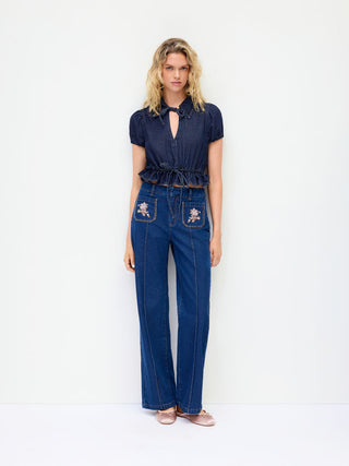 Puff Sleeve Tie-Front Ruffle Hem Denim Crop Top