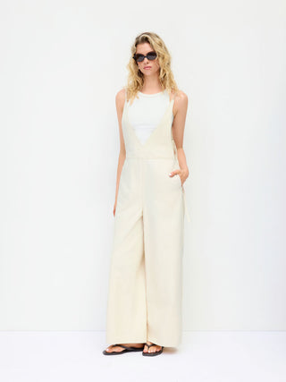 Denim Mid Rise V-neck Backless Pearl Detail Wide Leg Oversized Jumpsuit