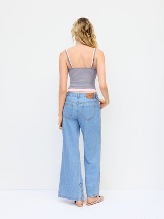 Denim Mid Rise Flared Tapered Back Metal Detail Trousers