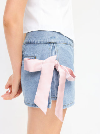 Denim Low Rise Washed Bowknot A-line Micro Mini Skort