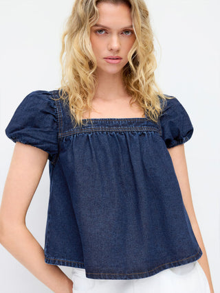 Washed Denim Square Neck Puff Sleeve Drawstring Oversized Blouse