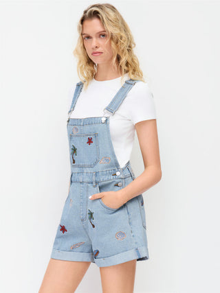 Denim Washed Embroidery Mid Rise Metal Detail Oversized Short Overalls