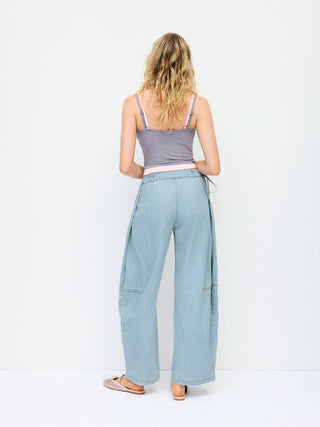 Denim Mid Rise Barrel-Leg Side Strap Jeans