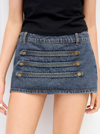 Denim Low Rise Washed Metal Detail A-line Micro Mini Skort