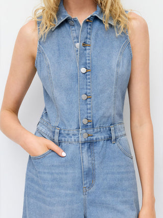 Denim High Rise Washed Metal Detail Wide Leg Jumpsuit