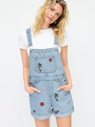 Denim Washed Embroidery Mid Rise Metal Detail Oversized Short Overalls