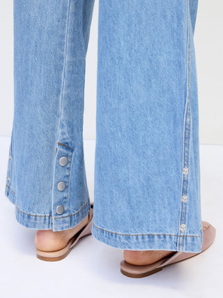 Denim Mid Rise Flared Tapered Back Metal Detail Trousers
