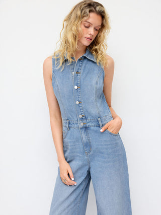 Denim High Rise Washed Metal Detail Wide Leg Jumpsuit