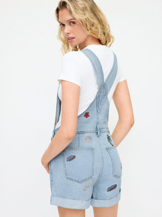 Denim Washed Embroidery Mid Rise Metal Detail Oversized Short Overalls