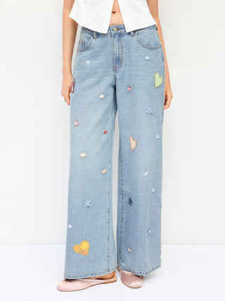 Denim Low Rise Heart & Star Graphic Applique Wide Leg Jeans