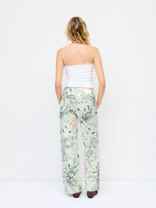 Denim Low Rise Striped Floral Graphic Asymmetrical Metal Detail Wide Leg Jeans