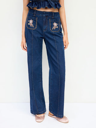 Floral Embroidery High-Waist Straight Leg Denim Jeans